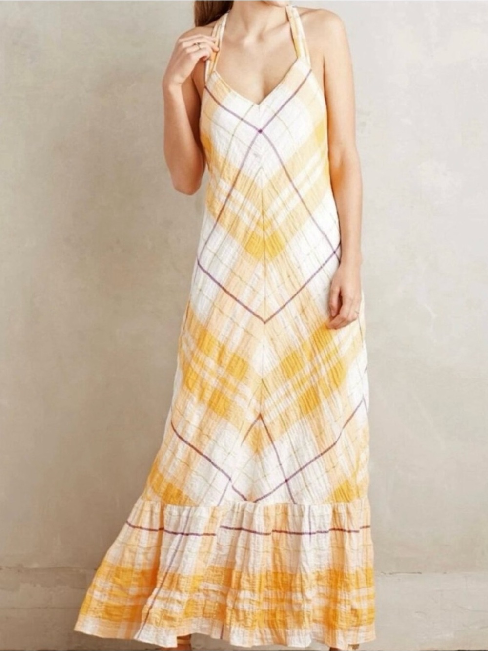 Anthropologie Yellow Plaid Maxi Sundress with Strappy Back